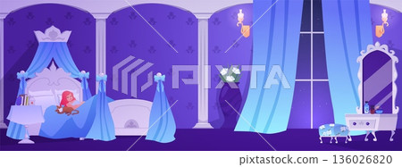 Beautiful princess sleeps with cat on bed in royal bedroom, medieval castle room interior at night vector illustration Beautiful princess sleeps with cat on bed in royal bedroom, medieval castle room interior at night vector illustration 136026820