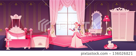 A princess in a castle bedroom interior, in pink tones, with a window, bed, mirror, and wardrobe. 136026821