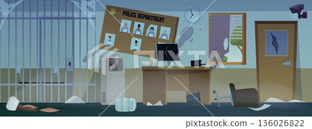 An abandoned police station interior with a jail cell, desk, computer, broken window, and door. 136026822