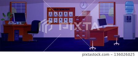 Police department office interior at night, computer desk, criminal photo board, archive cabinet, vector Police station 136026825