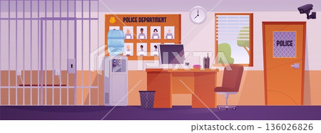 Police department office interior with jail cell, computer desk, vector flat police station, prison for the suspect Police department office interior with jail cell, computer desk, vector flat police station, prison for the suspect 136026826