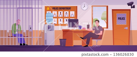 Police department office interior, police officer detained a male suspect in a cell, vector flat police station, prison Police department office interior, police officer detained a male suspect in a cell, vector flat police station, prison 136026830