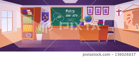 History classroom interior vector flat illustration, cartoon school class room with teacher table, chalkboard, globe 136026837