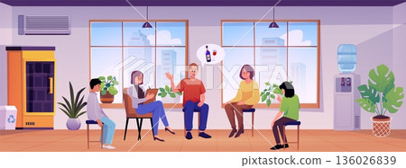 People group therapy discussion with psychologist in the room, patient men with alcohol addiction talking vector flat People group therapy discussion with psychologist in the room, patient men with alcohol addiction talking vector flat 136026839