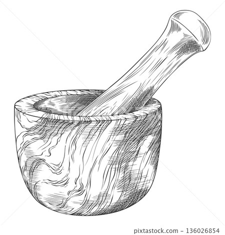 Mortar and pestle with plants sketch, hand drawn engraved vector illustration, pounder and herb mixture preparation 136026854