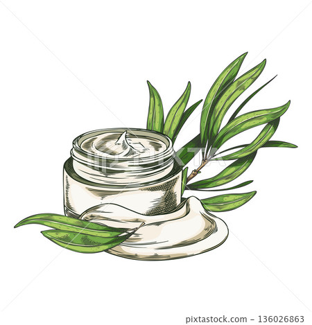 Body cream jar with green Melaleuca tea tree branches, hand-drawn watercolor illustration. Body cream jar with green Melaleuca tea tree branches, hand-drawn watercolor illustration. 136026863