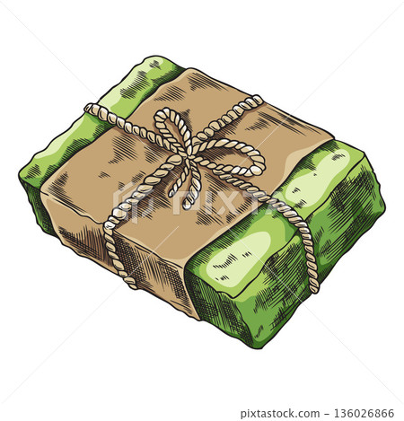 Hand-drawn watercolor sketch of a green bar of soap in packaging, tied with a string. Hand-drawn watercolor sketch of a green bar of soap in packaging, tied with a string. 136026866