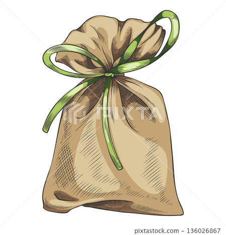 Sachet bag sketch, vector hand drawn essential herb, cushion package medicinal aroma plant, organic tea drink products 136026867