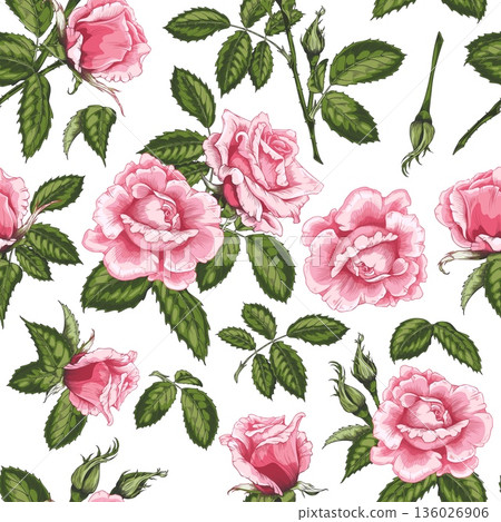 Sketch seamless pattern of a blooming pink roses, vintage rose flower, bud and leaves on stem vector hand drawn design 136026906