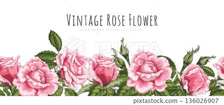 Banner with vintage pink roses and green leaves, along a seamless bottom border. 136026907