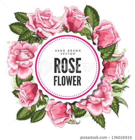 A round vintage frame with a border of pink roses and leaves, hand-drawn watercolor. A round vintage frame with a border of pink roses and leaves, hand-drawn watercolor. 136026910
