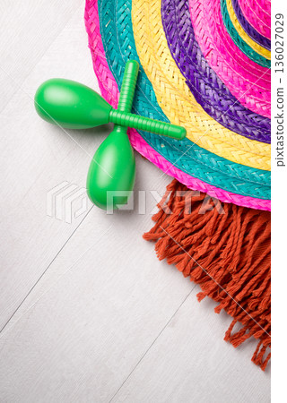 Mexican sombrero on wood background 136027029