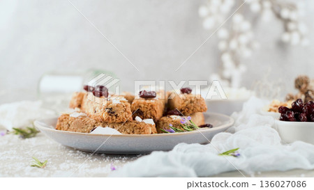 Cereal bars with almonds, coconut and cranberries 136027086