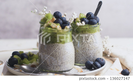 Chia pudding with kiwi and blueberries Chia pudding with kiwi and blueberries 136027147