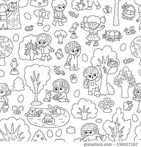 Vector black and white Easter egg hunt seamless pattern. Repeat line background with kids, trees, bushes, insects, basket, nature element. Coloring page with children looking for eggs Vector black and white Easter egg hunt seamless pattern. Repeat line background with kids, trees, bushes, insects, basket, nature element. Coloring page with children looking for eggs 136027167