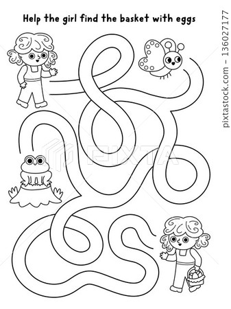 Easter line egg hunt maze for children with girl searching way to basket. Black and white labyrinth game with kid searching for eggs. Spring holiday printable activity, coloring page with frog, Easter line egg hunt maze for children with girl searching way to basket. Black and white labyrinth game with kid searching for eggs. Spring holiday printable activity, coloring page with frog, 136027177