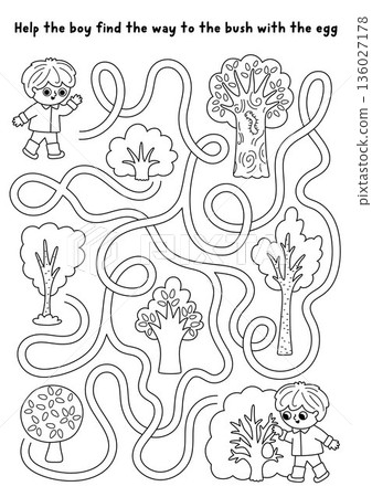 Easter egg hunt line maze for children with boy searching the way bush. Black and white labyrinth game with kid searching for eggs. Spring holiday printable activity, worksheet, coloring page with 136027178