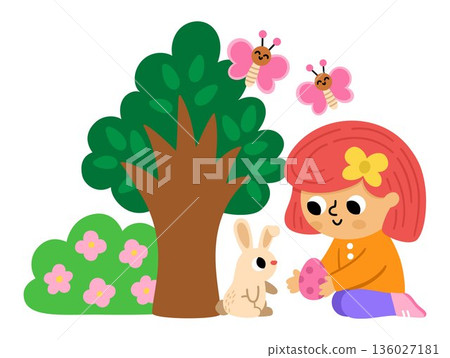 Spring holiday illustration with girl giving chocolate egg to bunny, tree, bush with flowers, butterflies. Vector Easter egg hunt concept. Cute kid icon. Children clipart isolated on white background 136027181