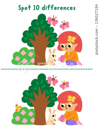 Easter find differences game for children. Spring holiday educational activity with girl giving egg to bunny, blooming tree. Cute puzzle for kids. Printable worksheet, page for logic and attention Easter find differences game for children. Spring holiday educational activity with girl giving egg to bunny, blooming tree. Cute puzzle for kids. Printable worksheet, page for logic and attention 136027184