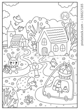 Vector black and white Easter village landscape. Rural nature line scene with church, hen driving car, sheep, egg hunt sign, chick, trees. Spring holiday vertical background, book cover for kids Vector black and white Easter village landscape. Rural nature line scene with church, hen driving car, sheep, egg hunt sign, chick, trees. Spring holiday vertical background, book cover for kids 136027185