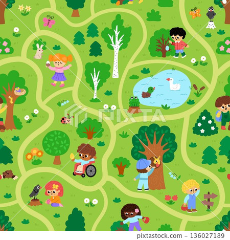Vector Easter egg hunt repeat background. Cute seamless pattern with landscape map with kids, trees, bushes, basket, nature element. Woodland scene with path, children looking for eggs in forest Vector Easter egg hunt repeat background. Cute seamless pattern with landscape map with kids, trees, bushes, basket, nature element. Woodland scene with path, children looking for eggs in forest 136027189