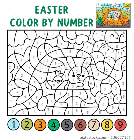 Vector Easter color by number activity with Bunny driving carrot shaped car with chick. Spring black and white counting, colouring game. Cute coloring page for kids. Line printable worksheet 136027195
