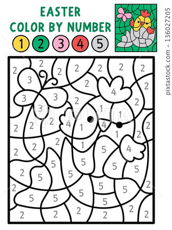 Vector Easter color by number activity with chick hatching out of the egg. Spring black and white counting, colouring game. Cute coloring page for kids. Line printable worksheet Vector Easter color by number activity with chick hatching out of the egg. Spring black and white counting, colouring game. Cute coloring page for kids. Line printable worksheet 136027205
