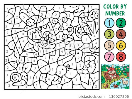 Vector Easter color by number activity with Bunny with sitting on bench in the park. Spring black and white counting, colouring game. Cute coloring page for kids. Line printable worksheet Vector Easter color by number activity with Bunny with sitting on bench in the park. Spring black and white counting, colouring game. Cute coloring page for kids. Line printable worksheet 136027206