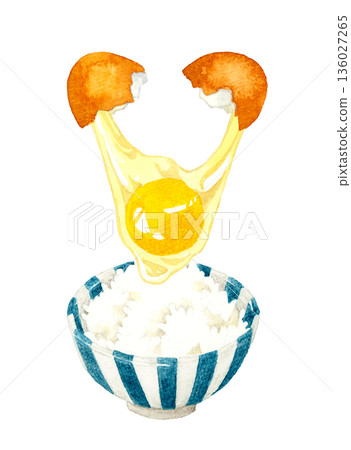 Cracking an egg and making raw egg rice - Hand-drawn watercolor illustration of Japanese cuisine Cracking an egg and making raw egg rice - Hand-drawn watercolor illustration of Japanese cuisine 136027265