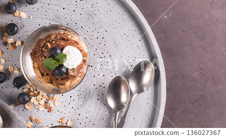 Glass cups of chocolate and chestnuts mousse Glass cups of chocolate and chestnuts mousse 136027367