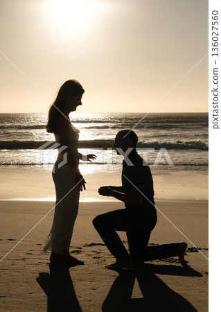 Man proposing to a woman on the beach during sunset, romantic silhouette moment with ocean backdrop and golden light. Man proposing to a woman on the beach during sunset, romantic silhouette moment with ocean backdrop and golden light. 136027560