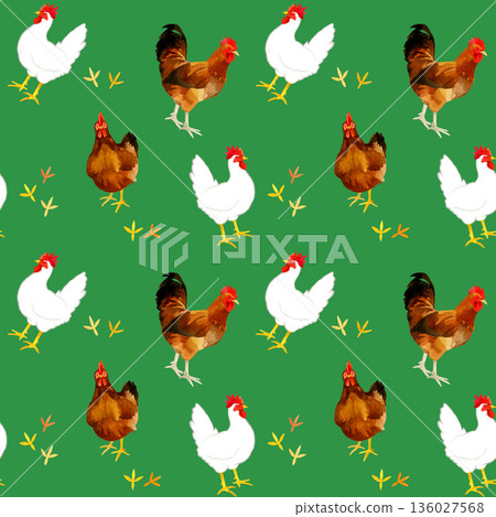 Seamless pattern of three types of chickens. Hand-drawn watercolor illustration of a bird. Seamless pattern of three types of chickens. Hand-drawn watercolor illustration of a bird. 136027568