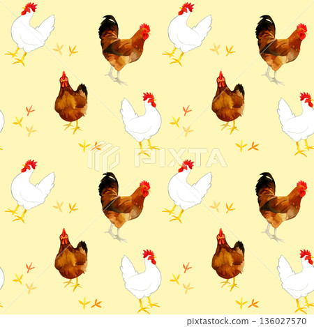 Seamless pattern of three types of chickens. Hand-drawn watercolor illustration of a bird. Seamless pattern of three types of chickens. Hand-drawn watercolor illustration of a bird. 136027570