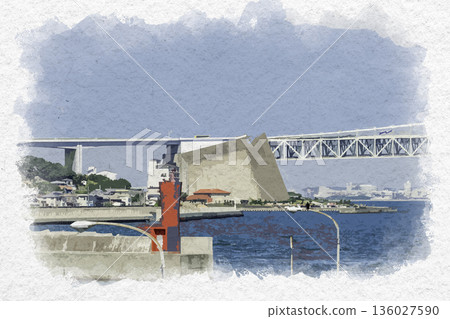 兵庫縣淡路市松穗錨地公園明石海峽大橋水彩畫 136027590