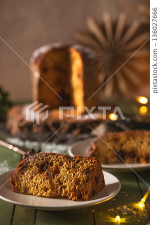 Close-up of a Single Slice of Panettone on a White Plate Close-up of a Single Slice of Panettone on a White Plate 136027666