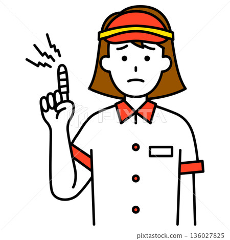 A female fast food restaurant employee with an injured finger A female fast food restaurant employee with an injured finger 136027825