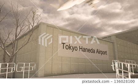 Tokyo Haneda Airport exterior with airplane overhead in winter snowfall, Tokyo, Japan 3D rendering Tokyo Haneda Airport exterior with airplane overhead in winter snowfall, Tokyo, Japan 3D rendering 136028100