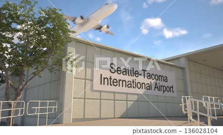 Seattle Tacoma International Airport entrance sign and airplane passing above on a summer day, Seattle, United States 3D rendering 136028104