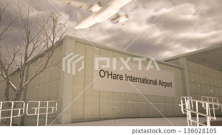 Chicago OHare International Airport exterior with airplane overhead in winter snowfall, Chicago, United States 3D rendering Chicago OHare International Airport exterior with airplane overhead in winter snowfall, Chicago, United States 3D rendering 136028105
