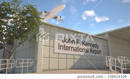 John F Kennedy International Airport entrance sign and airplane passing above on a summer day, New York, United States 3D rendering John F Kennedy International Airport entrance sign and airplane passing above on a summer day, New York, United States 3D rendering 136028106