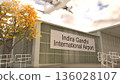 Indira Gandhi International Airport sign on terminal building with autumn tree and airplane, New Delhi, India 3D rendering 136028107