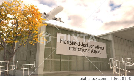Hartsfield Jackson Atlanta International Airport sign on terminal building with autumn tree and airplane, Atlanta, United States 3D rendering 136028108