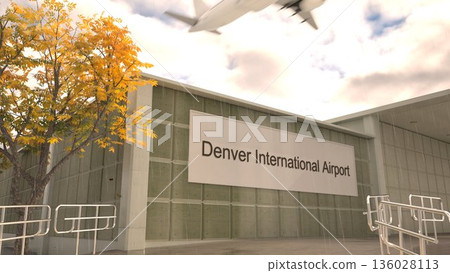 Denver International Airport sign on terminal building with autumn tree and airplane, Denver, United States 3D rendering 136028113