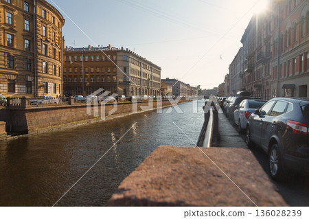 View of Moika river and street in St. Petersburg in morning, Russia 136028239