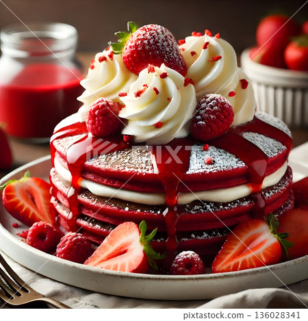 Red velvet pancakes with whipped cream, strawberries, raspberries, and red drizzle on a plate 136028341