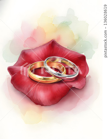 Watercolor Still Life of Wedding Rings on a Red Rose Petal 136028619