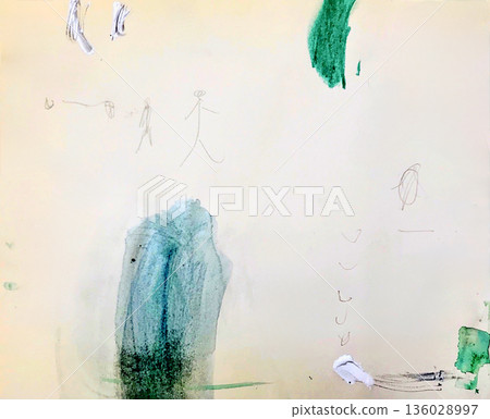手繪水彩和鉛筆插圖,描繪了藍色和綠色的抽象圖形和行走的人。 手繪水彩和鉛筆插圖,描繪了藍色和綠色的抽象圖形和行走的人。 136028997