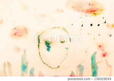 Hand-drawn illustration of a tearful person's face in pale watercolor colors 136029044