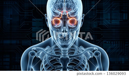 眼部疾病和視力影像插圖 眼球 視網膜 眼睛疲勞 骨骼 X光片 3DCG 136029093