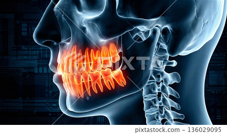 Dental image illustration: tooth decay, periodontal disease, gum pain, skeletal X-ray, 3DCG, for advertising 136029095